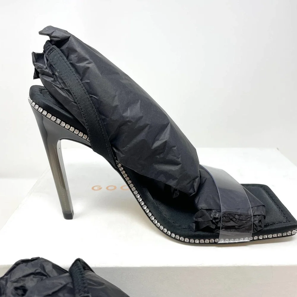 Good American Crystal Crush Lucite Rhinestone Sandals In Black Size 7.5 New
